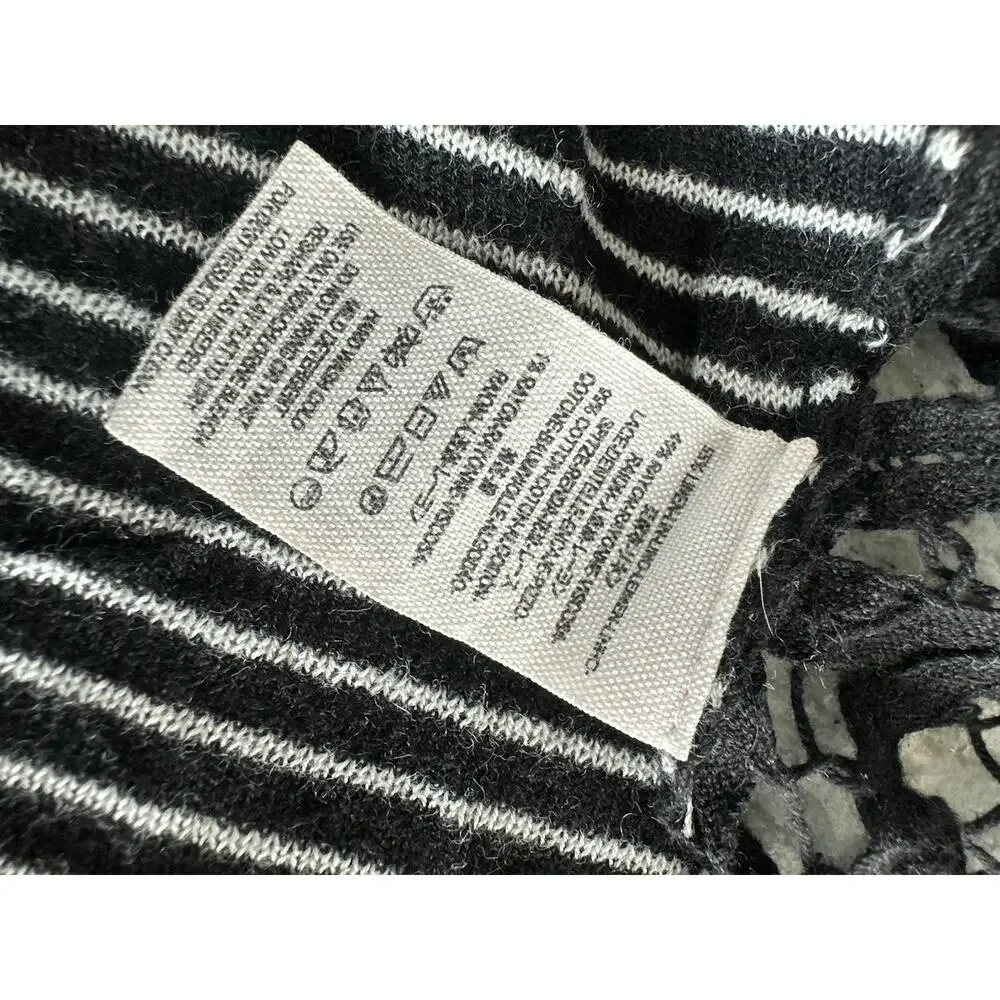 Free People Black White Striped Knit Lace Trim Scoop Neck Dolman Tunic L
